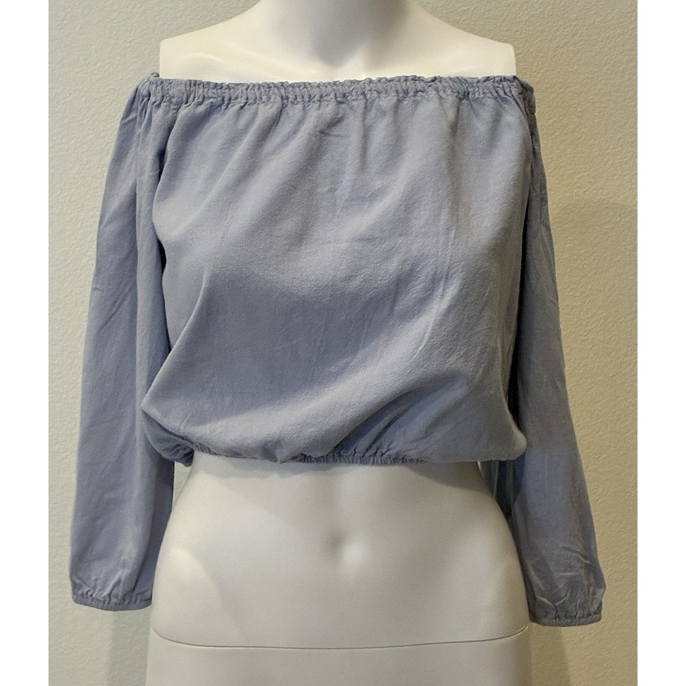 Brandy Melville‎ Blue Off Shoulder Crop Top Long Sleeve Elastic Hem Soft Girl-Sm